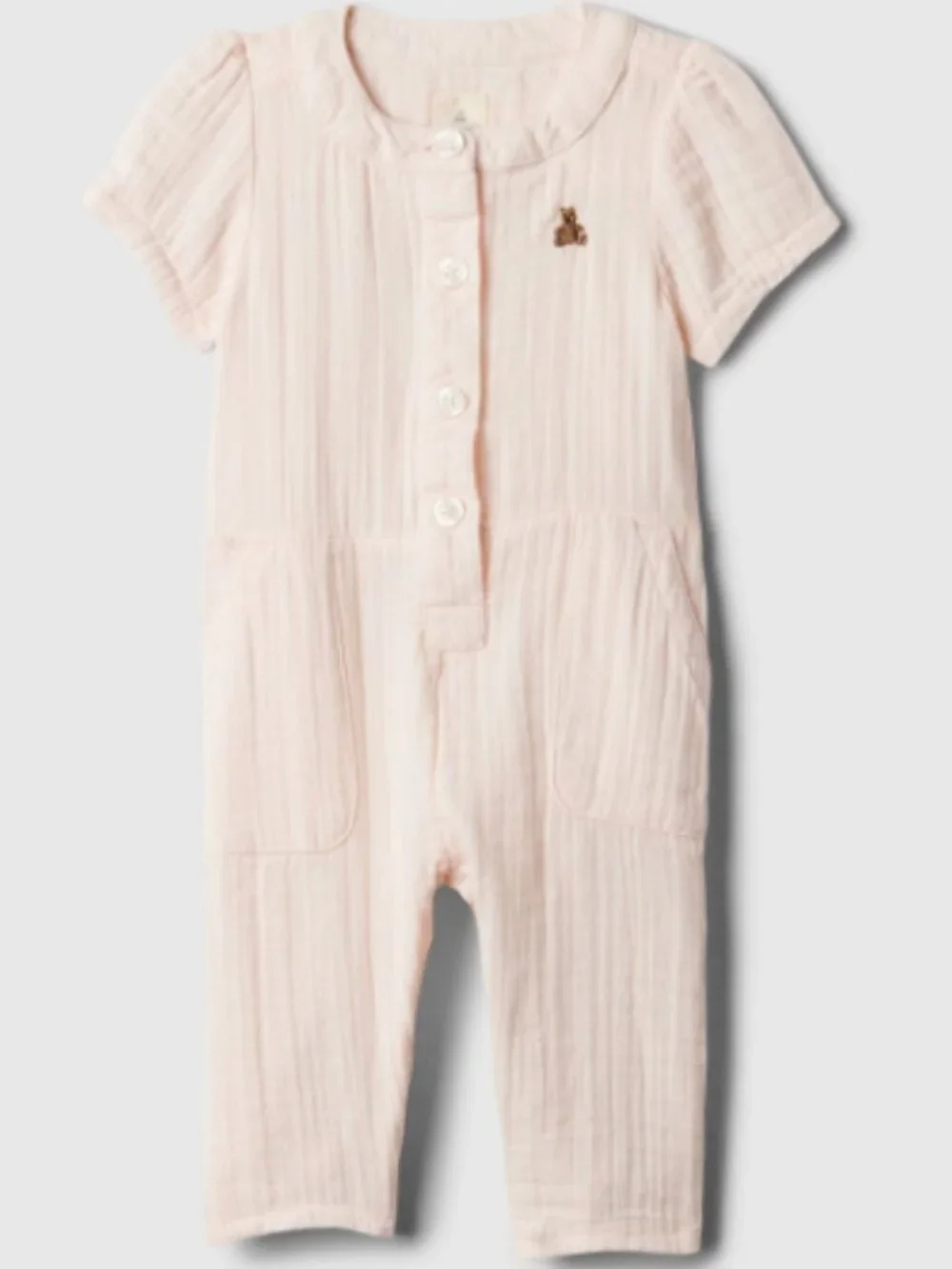 Gap Baby First Favorites Pink Crinkle Gauze Bear Pocket Baby Romper 6-12 Months